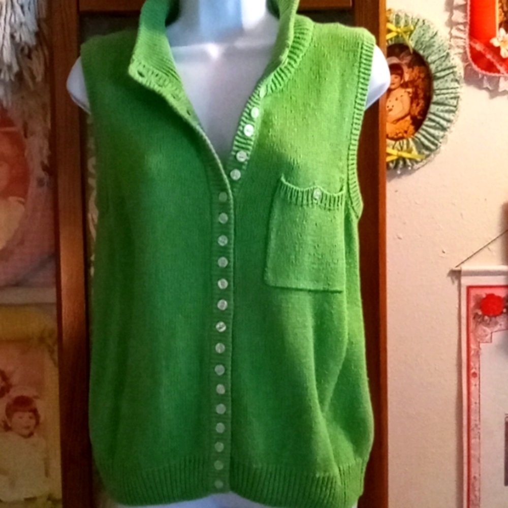 Vintage 80's,Pretty Green,Button Down,Sleeveless, Knit, Sweater Top With Pocket